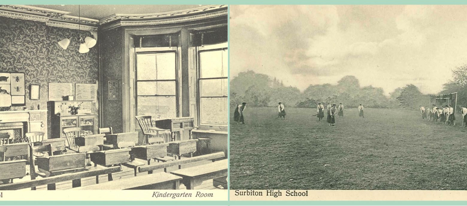 old picture of a classroom and field