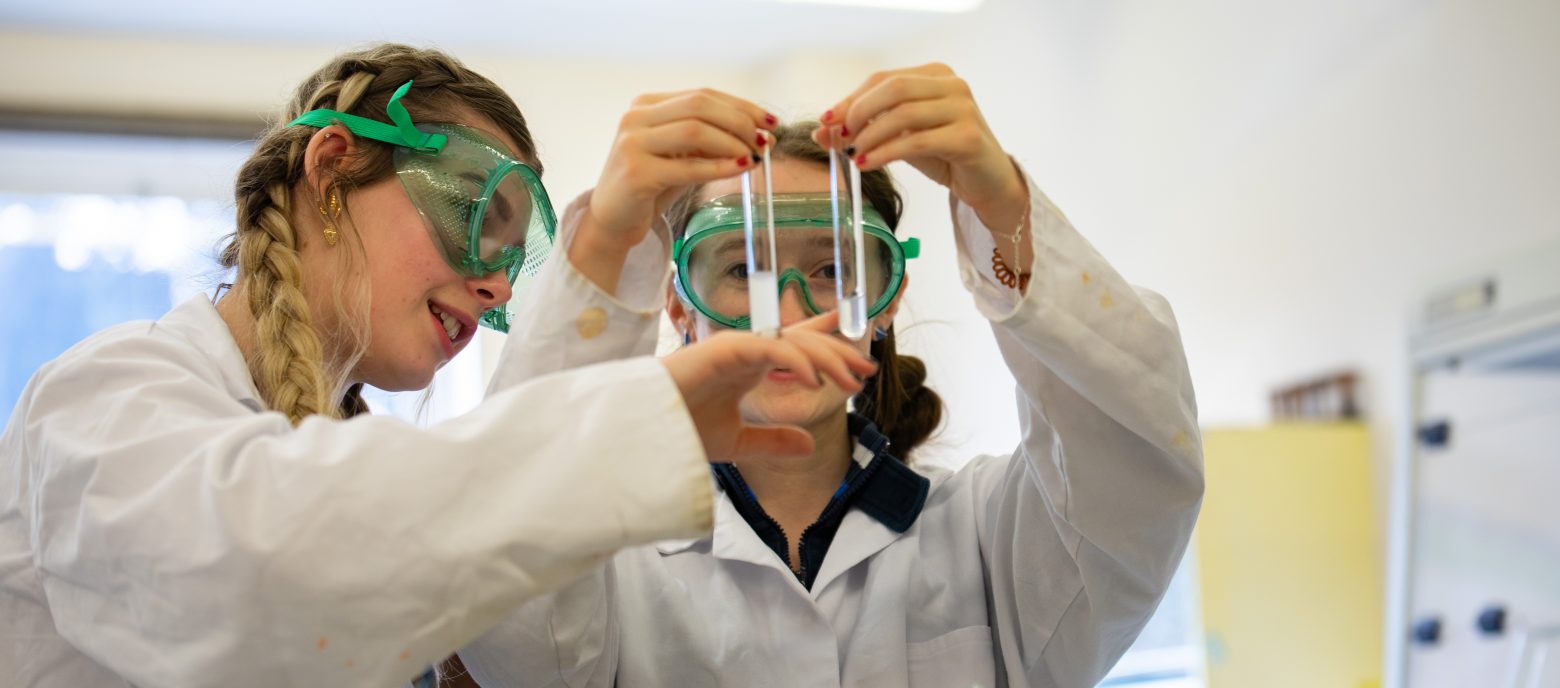 students looking at 2 test tubes