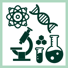 A science logo with DNA, an atom, microscope and other science-related images