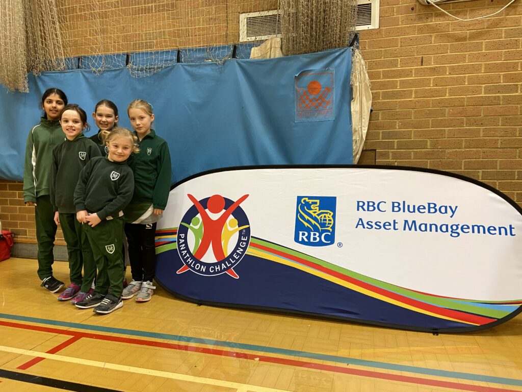 girls stood next to bluebay asset management sign