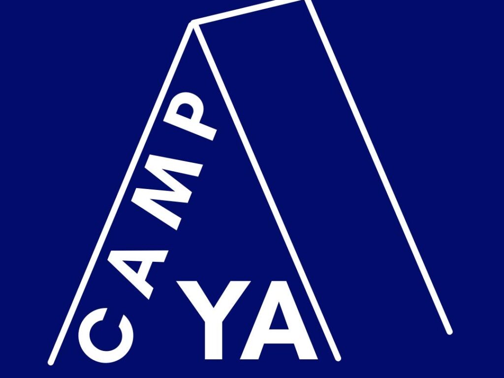 Minimalistic drawing of tent with text 'Camp YA' inside against blue background