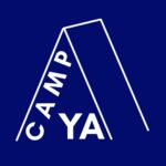 Minimalistic drawing of tent with text 'Camp YA' inside against blue background